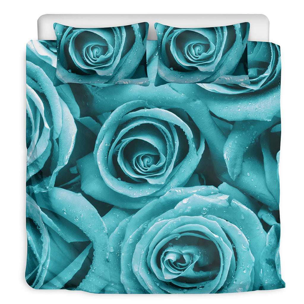 Turquoise Rose Flower Print Duvet Cover Bedding Set