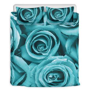 Turquoise Rose Flower Print Duvet Cover Bedding Set