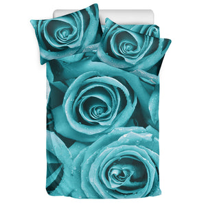 Turquoise Rose Flower Print Duvet Cover Bedding Set