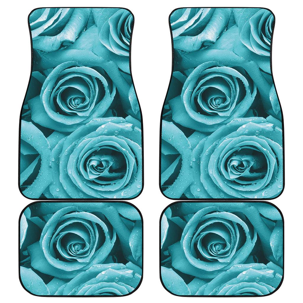 Turquoise Rose Flower Print Front and Back Car Floor Mats