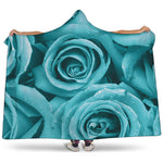 Turquoise Rose Flower Print Hooded Blanket