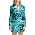 Turquoise Rose Flower Print Pullover Hoodie Dress
