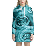 Turquoise Rose Flower Print Hoodie Dress