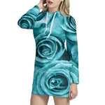 Turquoise Rose Flower Print Hoodie Dress
