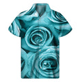 Turquoise Rose Flower Print Men's Short Sleeve Shirt