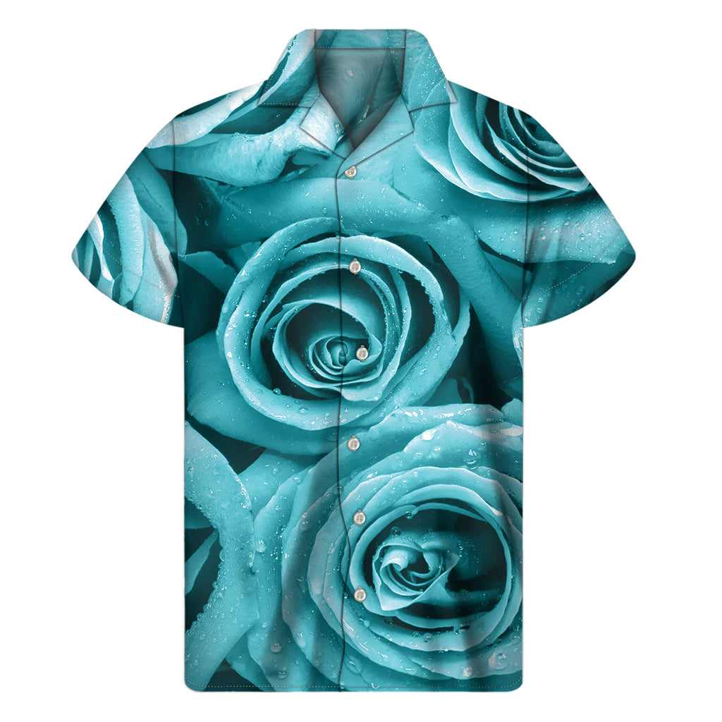 Turquoise Rose Flower Print Men's Short Sleeve Shirt