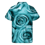 Turquoise Rose Flower Print Men's Short Sleeve Shirt
