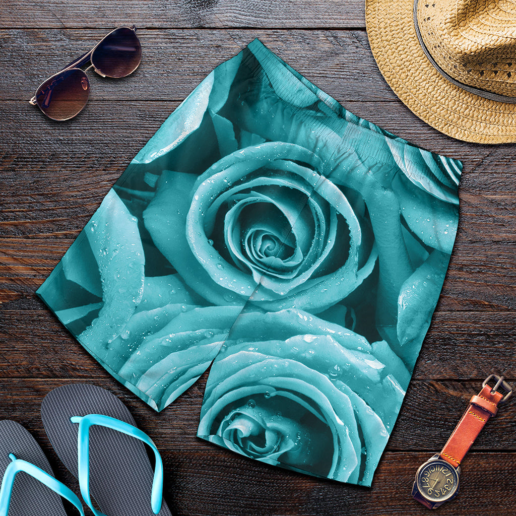 Turquoise Rose Flower Print Men's Shorts