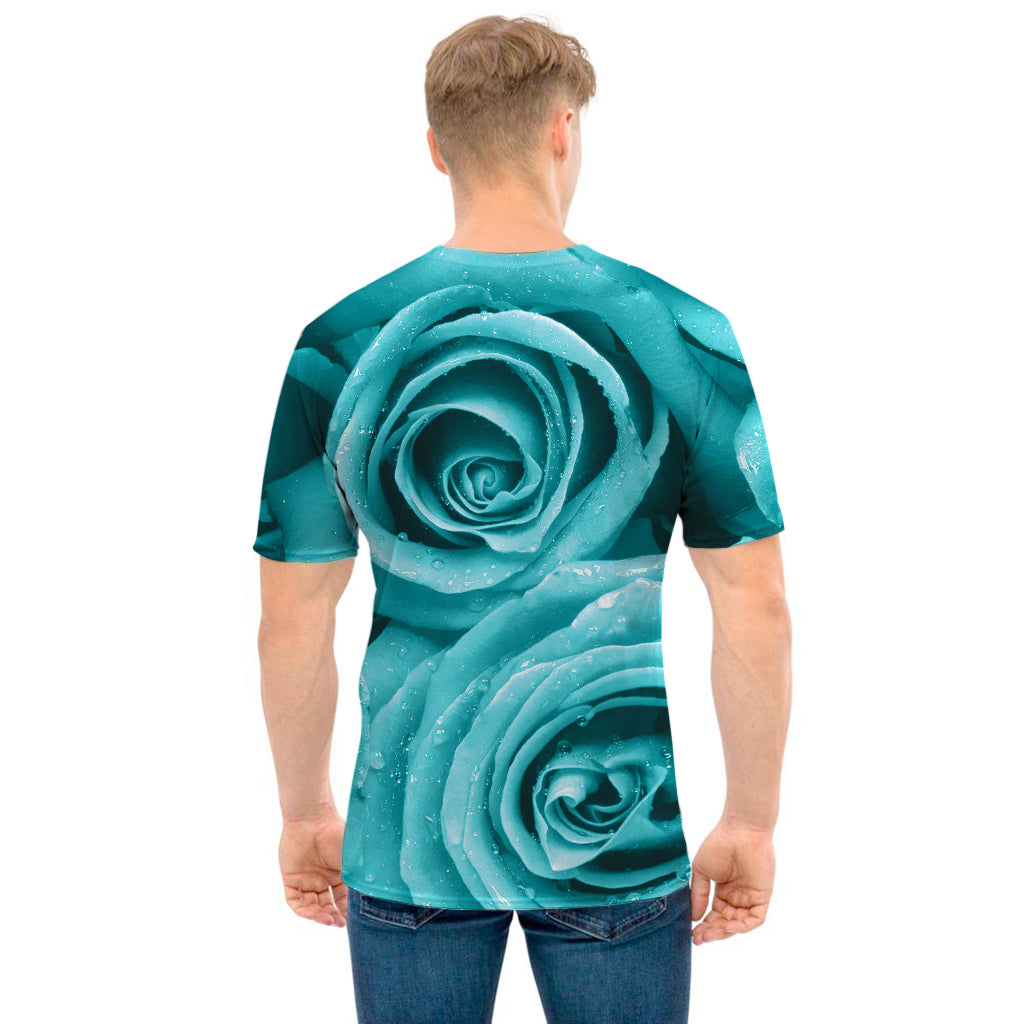 Turquoise Rose Flower Print Men's T-Shirt