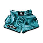 Turquoise Rose Flower Print Muay Thai Boxing Shorts