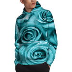 Turquoise Rose Flower Print Pullover Hoodie