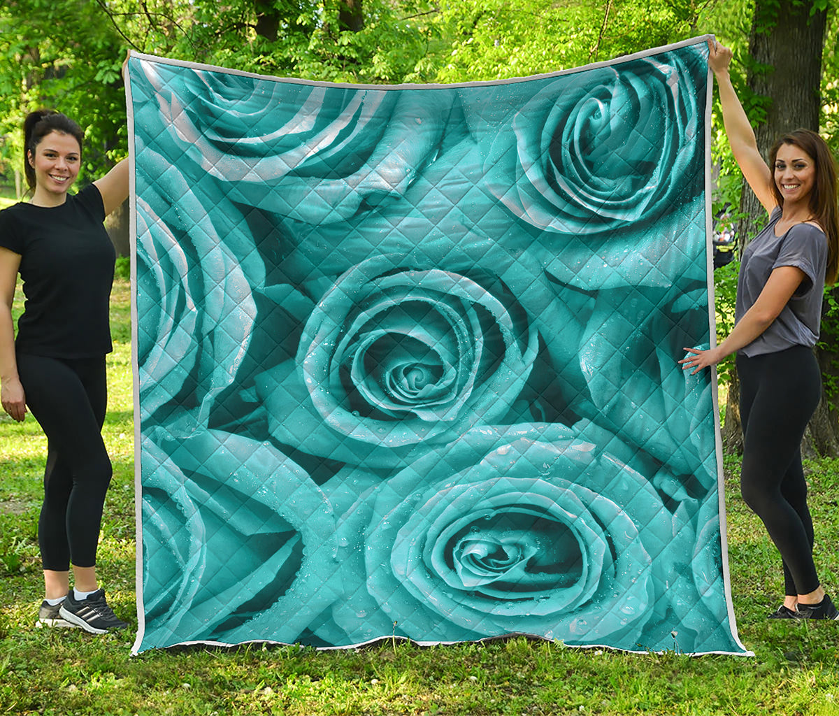 Turquoise Rose Flower Print Quilt