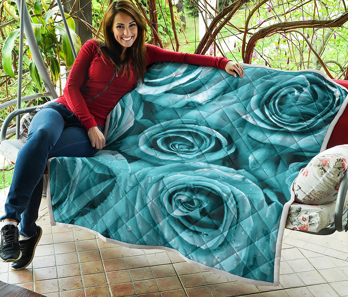 Turquoise Rose Flower Print Quilt