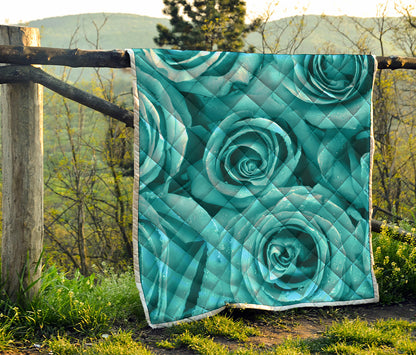 Turquoise Rose Flower Print Quilt
