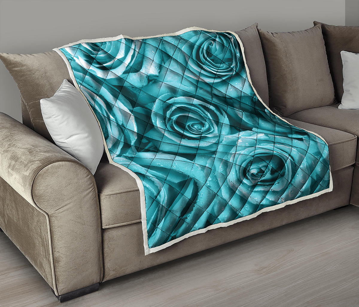 Turquoise Rose Flower Print Quilt