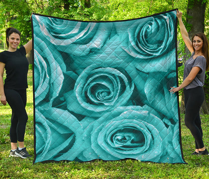 Turquoise Rose Flower Print Quilt