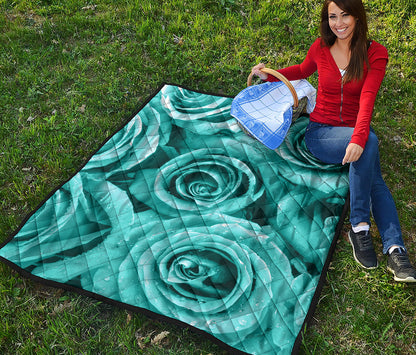 Turquoise Rose Flower Print Quilt
