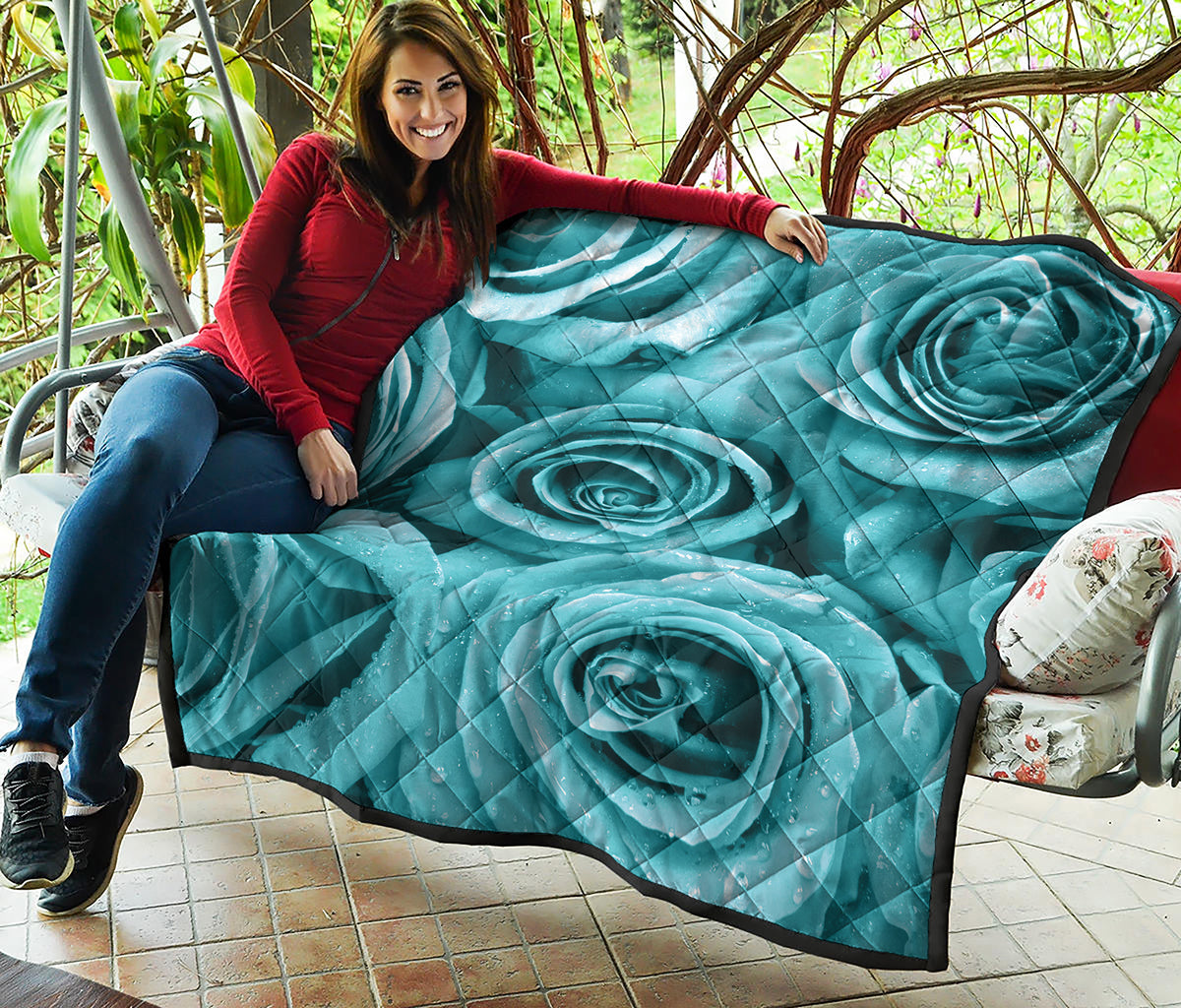 Turquoise Rose Flower Print Quilt