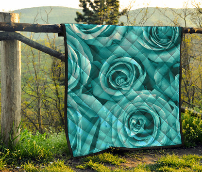 Turquoise Rose Flower Print Quilt