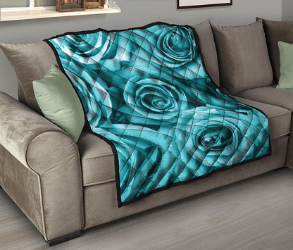 Turquoise Rose Flower Print Quilt