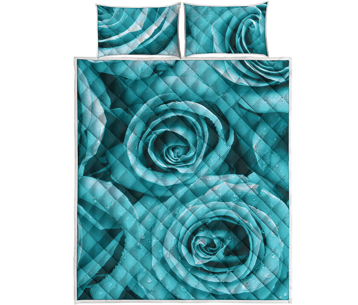 Turquoise Rose Flower Print Quilt Bed Set
