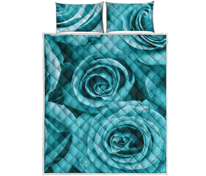 Turquoise Rose Flower Print Quilt Bed Set