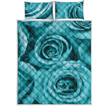 Turquoise Rose Flower Print Quilt Bed Set