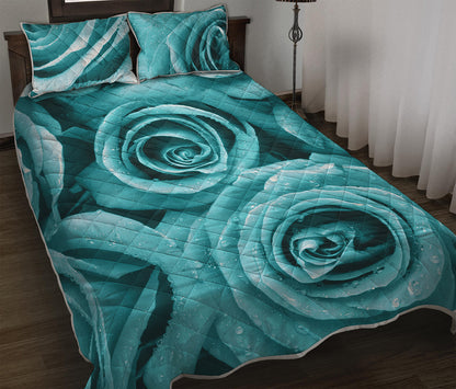 Turquoise Rose Flower Print Quilt Bed Set