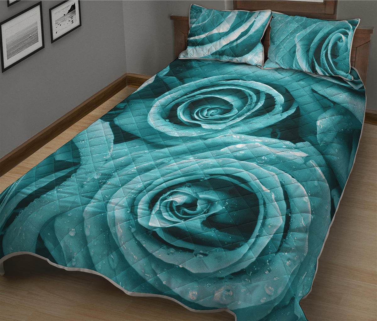 Turquoise Rose Flower Print Quilt Bed Set