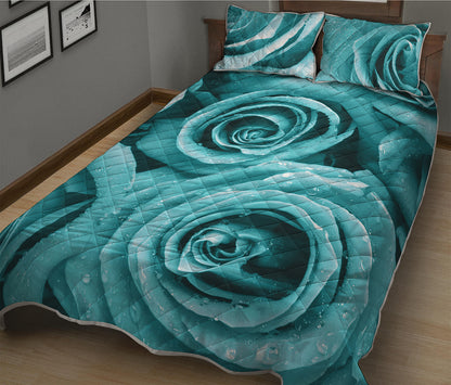 Turquoise Rose Flower Print Quilt Bed Set