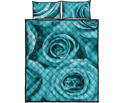 Turquoise Rose Flower Print Quilt Bed Set
