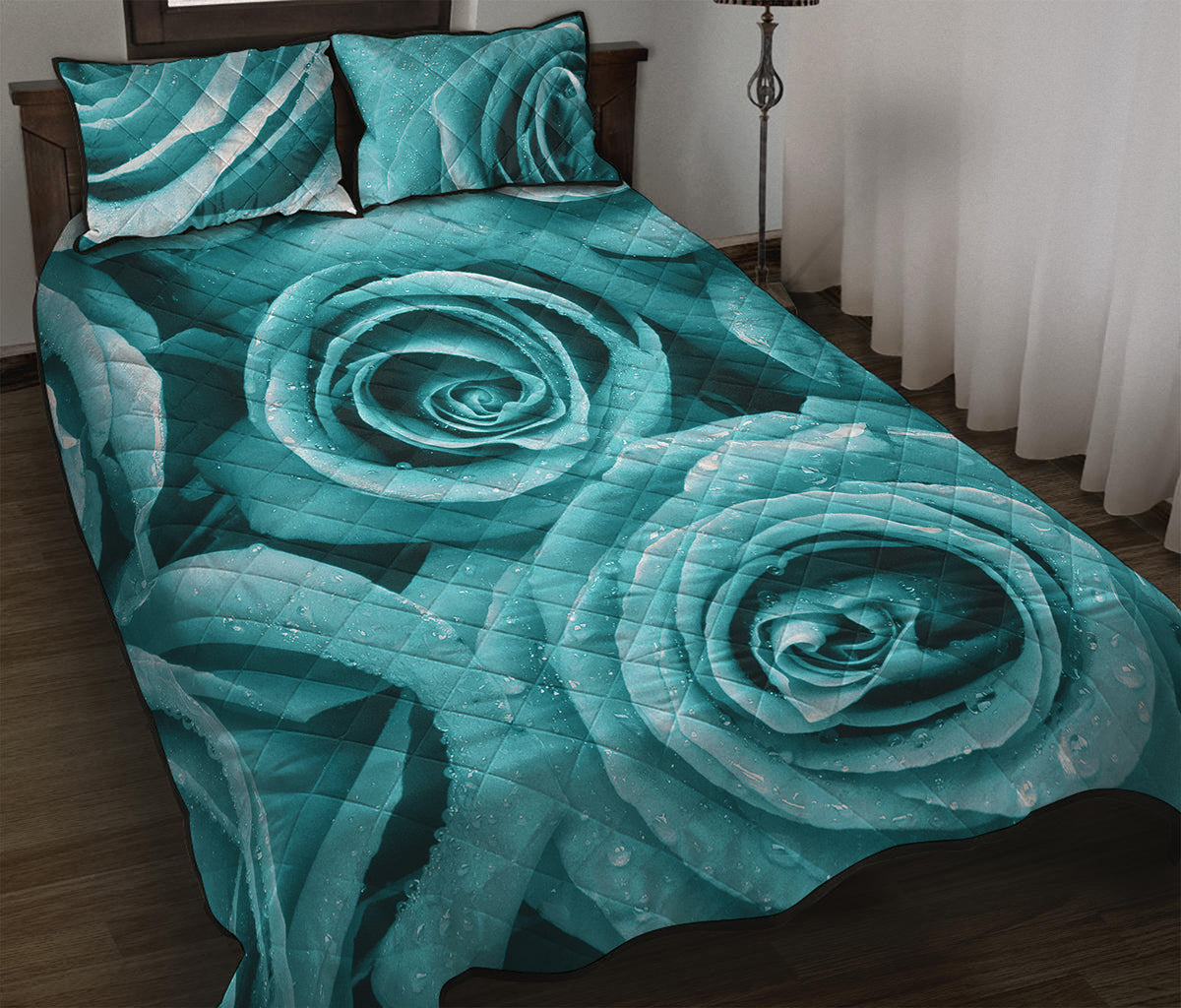 Turquoise Rose Flower Print Quilt Bed Set