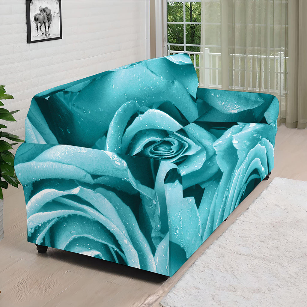 Turquoise Rose Flower Print Sofa Cover