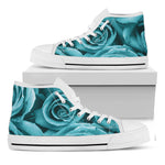 Turquoise Rose Flower Print White High Top Shoes