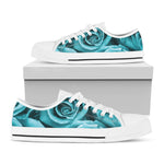 Turquoise Rose Flower Print White Low Top Shoes