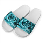 Turquoise Rose Flower Print White Slide Sandals