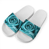Turquoise Rose Flower Print White Slide Sandals