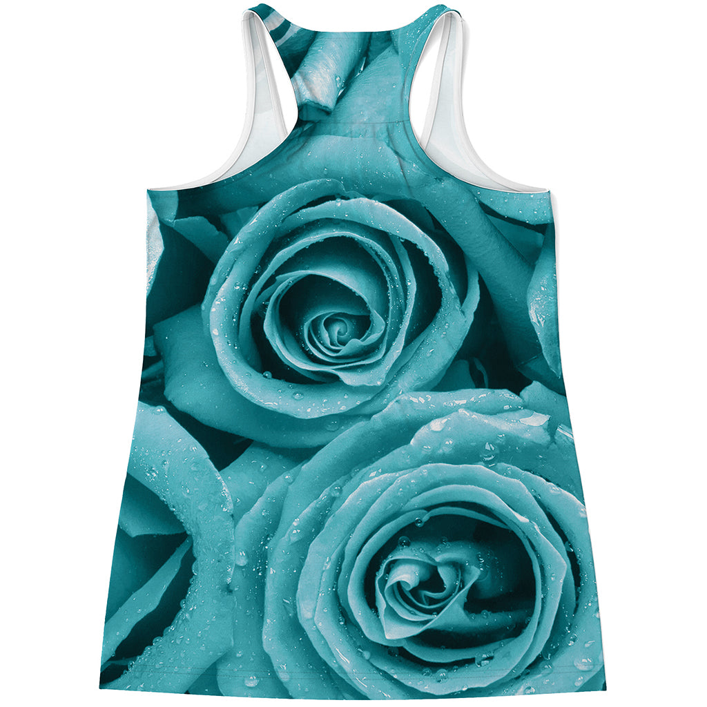 Turquoise Rose Flower Print Women's Racerback Tank Top