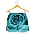 Turquoise Rose Flower Print Women's Shorts
