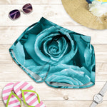 Turquoise Rose Flower Print Women's Shorts