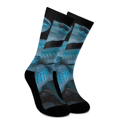 Turquoise Snake Print Crew Socks