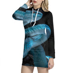 Turquoise Snake Print Pullover Hoodie Dress