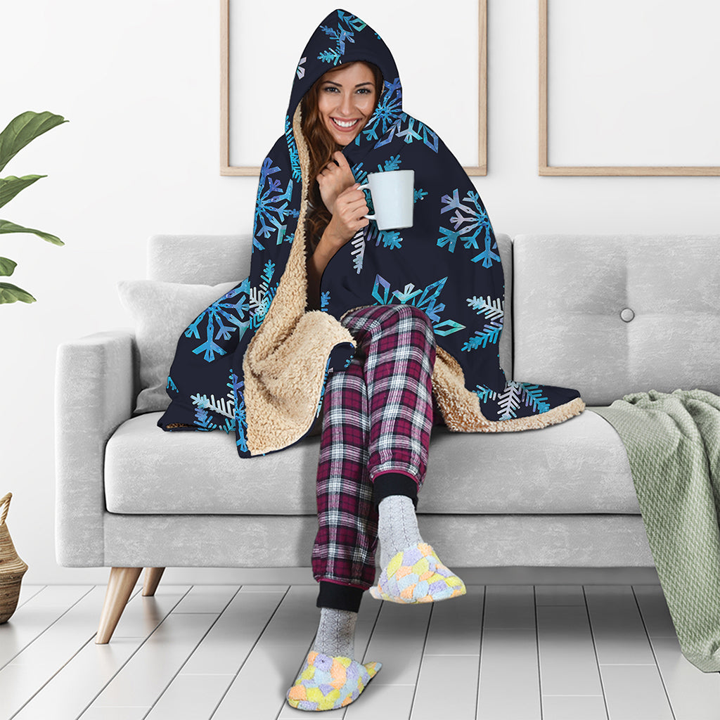 Turquoise Snowflake Pattern Print Hooded Blanket