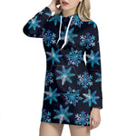 Turquoise Snowflake Pattern Print Hoodie Dress