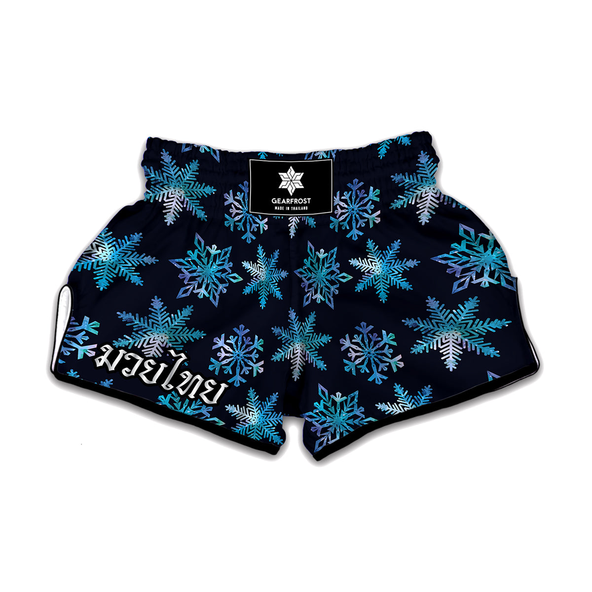 Turquoise Snowflake Pattern Print Muay Thai Boxing Shorts