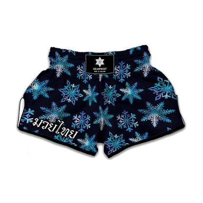 Turquoise Snowflake Pattern Print Muay Thai Boxing Shorts