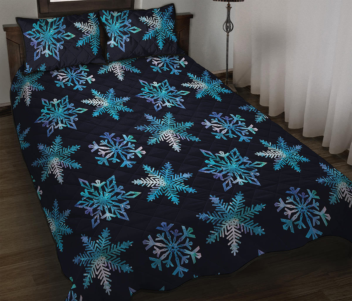 Turquoise Snowflake Pattern Print Quilt Bed Set