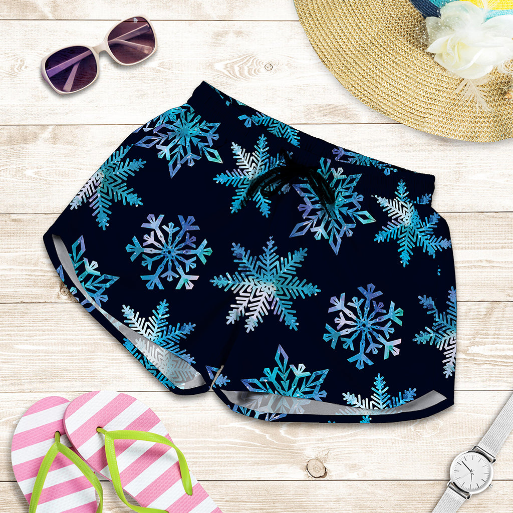Turquoise Snowflake Pattern Print Women's Shorts