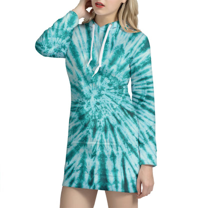 Turquoise Tie Dye Print Pullover Hoodie Dress