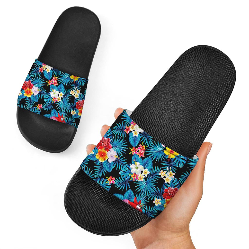 Turquoise Tropical Hawaii Pattern Print Black Slide Sandals